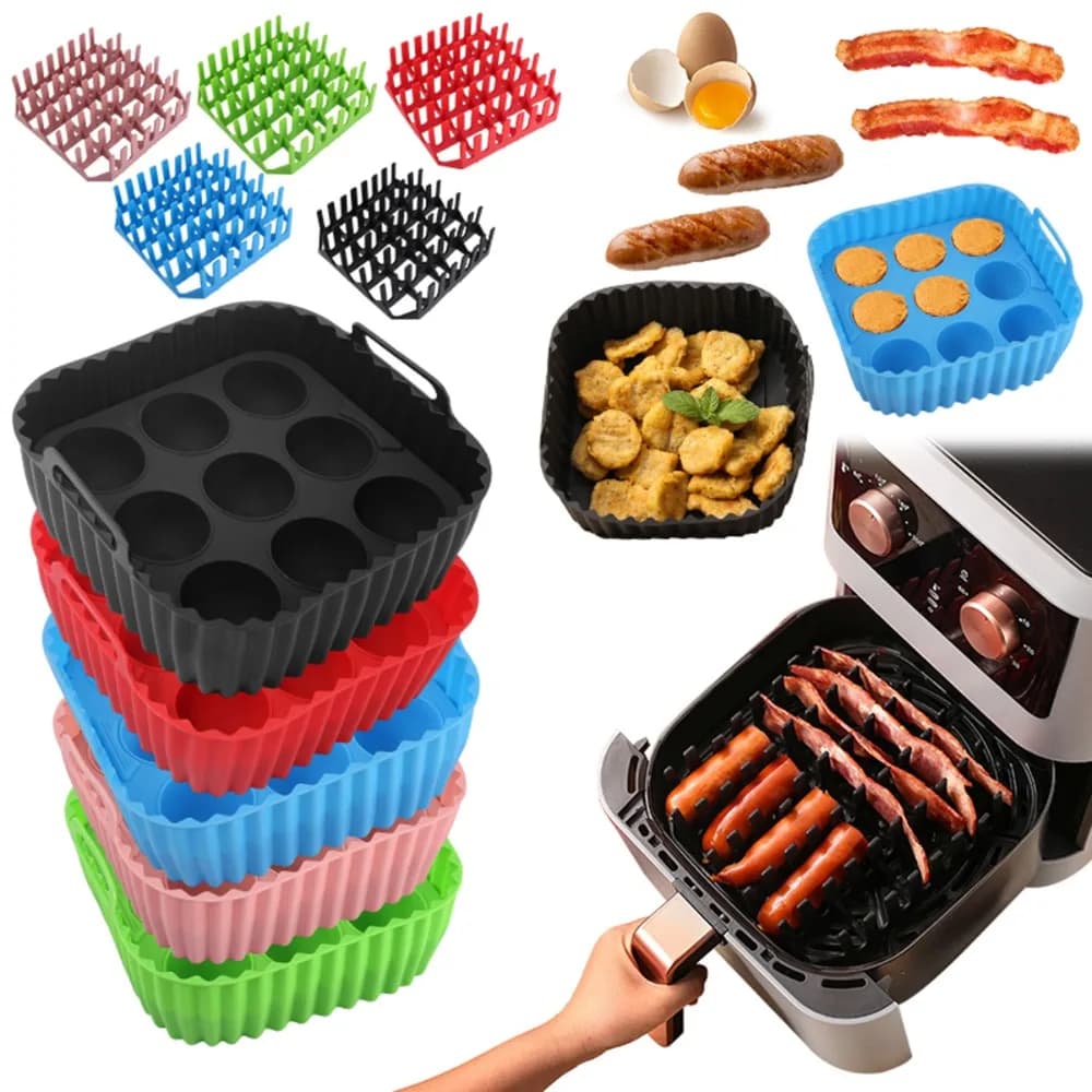 Set di 3 Pezzi Teglia in Silicone Antiaderente per Friggitrice ad Aria Quadrata Rivestimento Interno per Friggitrice ad Aria Resistente al Calore per Grigliare Bacon in Forno
