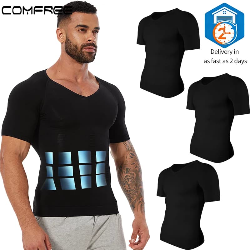3 PCS Men's V-Neck Undershirts Soft High Stretch T-Shirts Breathable Tummy Control Moisture-Wicking Shapewear Slimming Tees Gym Sports Underwear Short Sleeve Top Fajas
