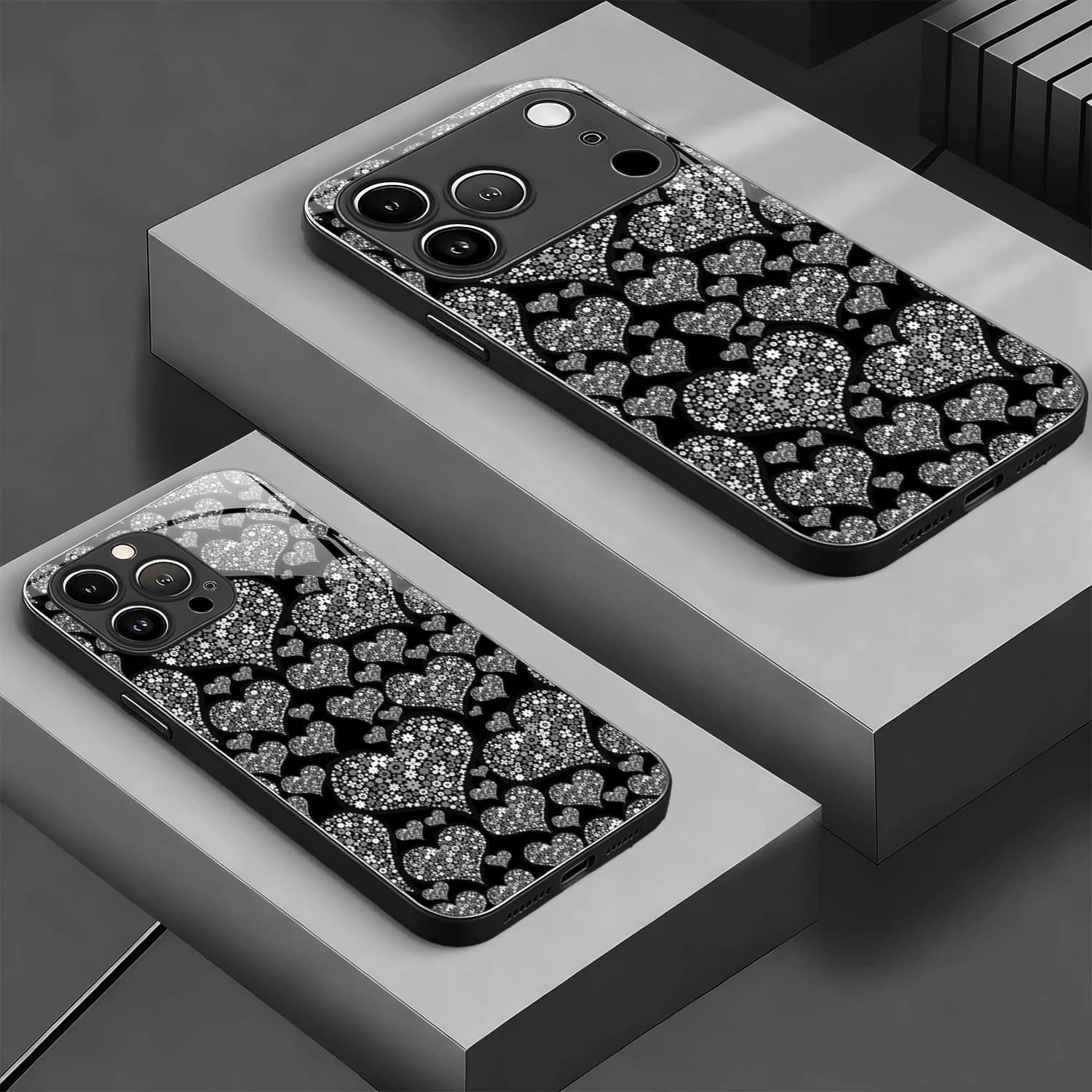 Monochrome Floral Hearts Leather patterned phone case for iPhone 11/12/13/14/15/16/17 Pro ProMax