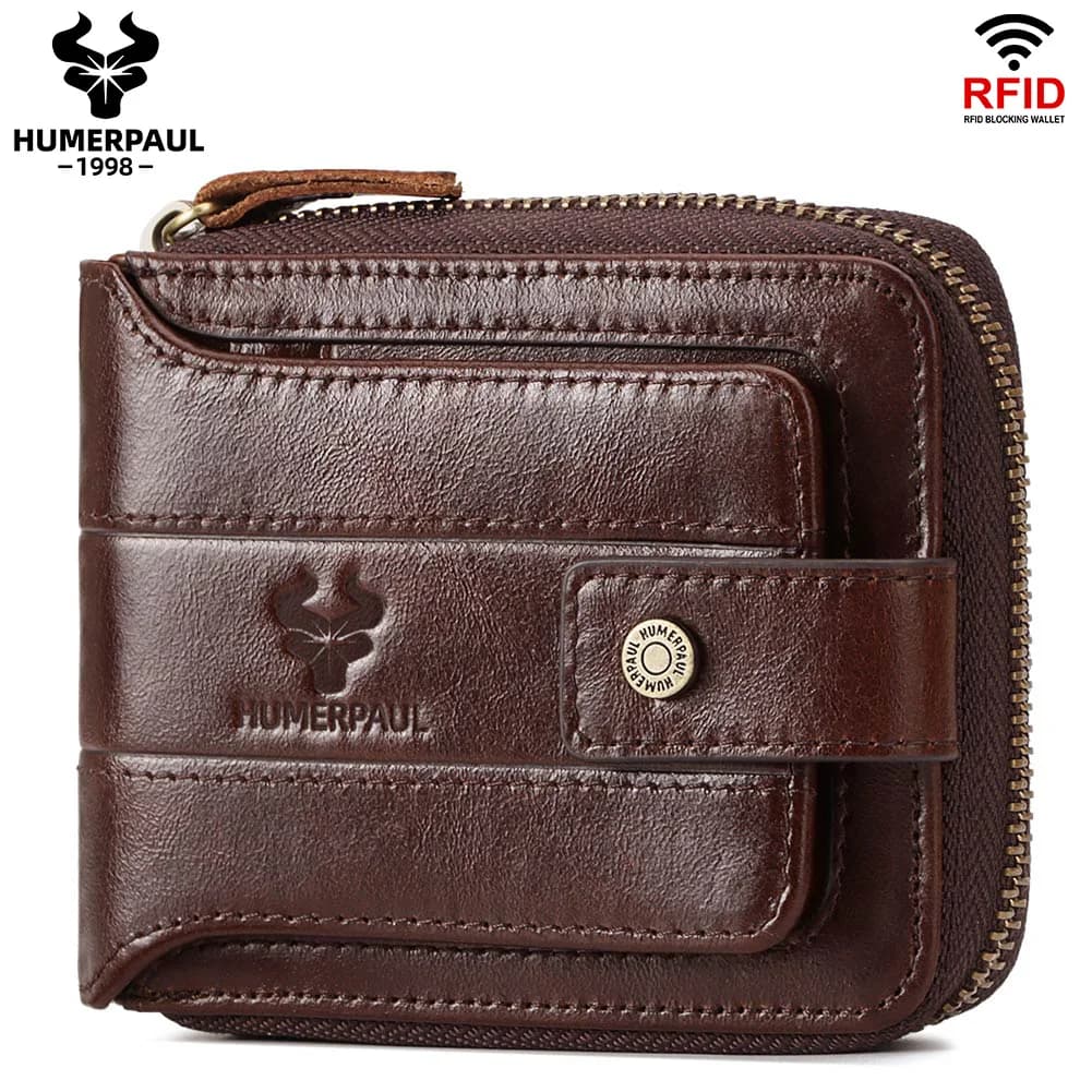 Portafoglio da uomo in vera pelle HUMERPAUL porta carte di credito RFID maschio con finestra ID borsa portaoggetti multifunzione portamonete con cerniera