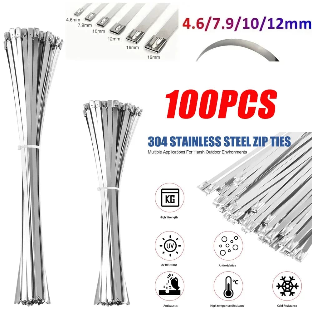 Fascette per cavi in acciaio inossidabile 304 100 pezzi 4.6/7.9/10/12mm di larghezza fascetta per cavi autobloccante con cerniera in metallo rivestito multiuso
