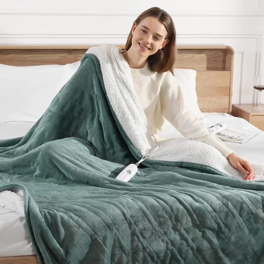 Coperta Riscaldante Verde 62X84, Ultra Morbida in Flanella e Soffice Sherpa, con 5 Livelli di Calore e 10 Ore di Autonomia