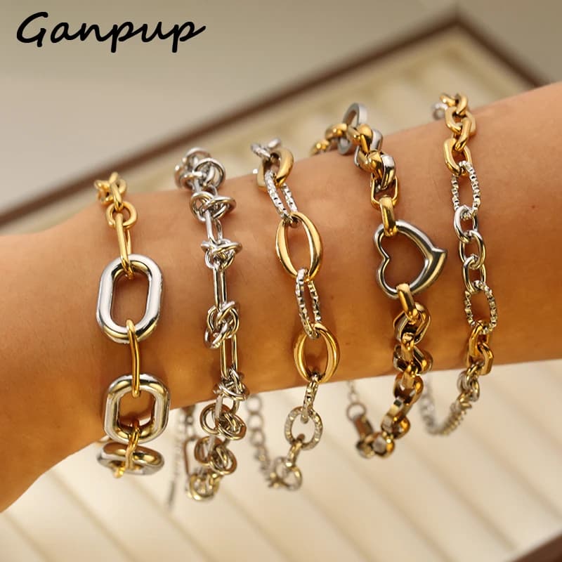 GANPUP Bracciale rigido a catena color oro argento in acciaio inossidabile 316L per donna uomo braccialetto con texture alla moda gioielli impermeabili