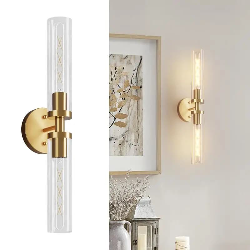 Set di 2 applique da parete dorate cablate con vetro trasparente, apparecchi di illuminazione moderni per bagno per specchio e corridoio (lampadine non