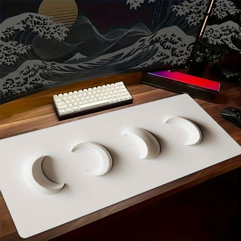 Tappetino da Scrivania 3D con Fasi Lunari, Grande Mousepad da Gaming Bianco con Base Antiscivolo in Gomma per Ufficio e Postazione di Lavoro