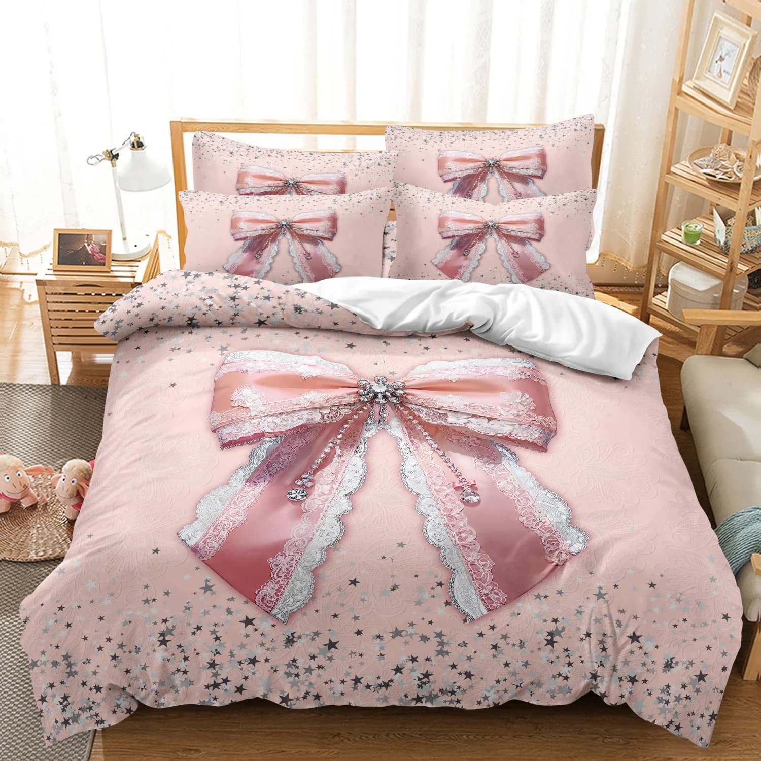 Set copripiumino con fiocco rosa dolce, biancheria da letto di lusso a tema fiocco, per camere da letto familiari, dormitori, hotel