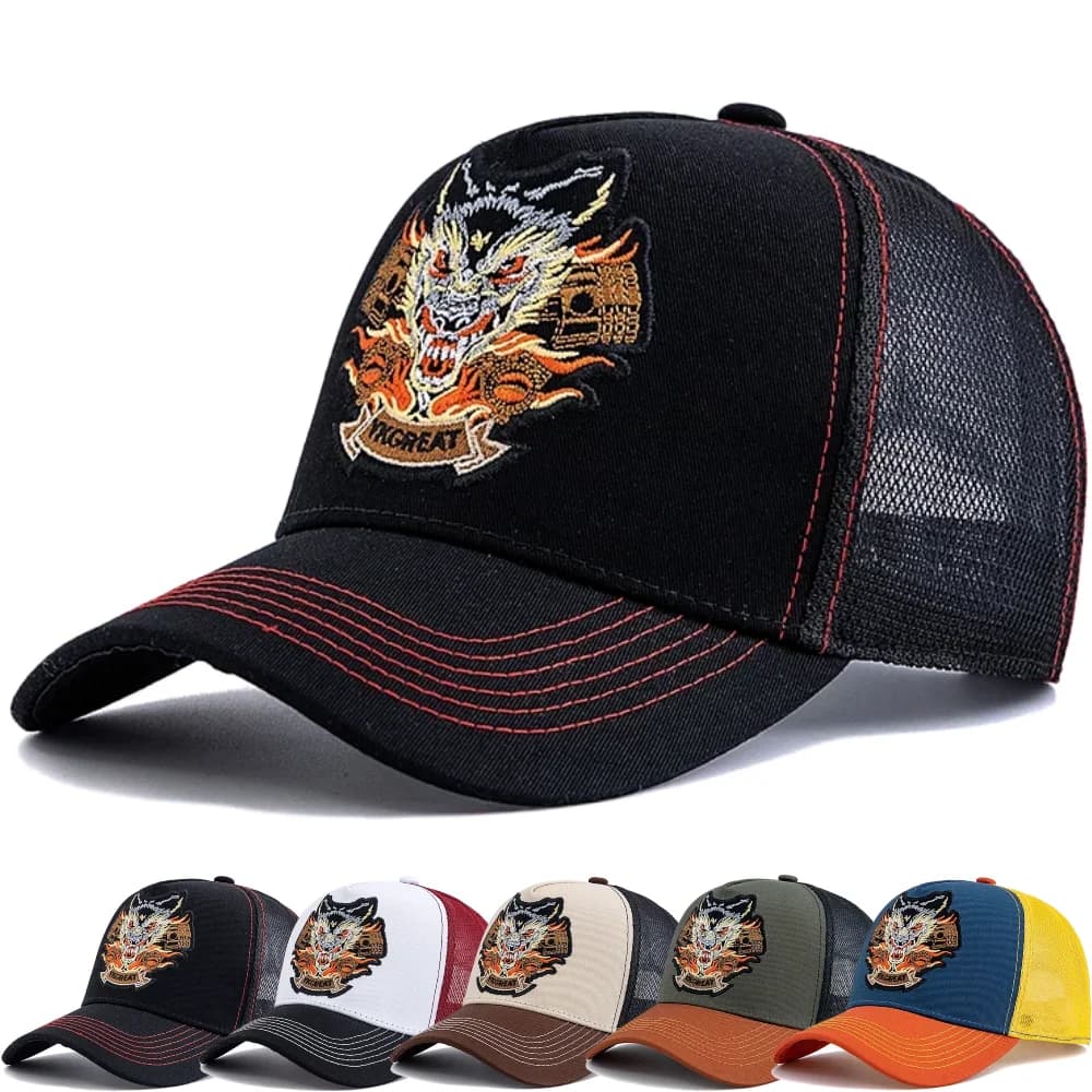 Hot Sale Unisex Fashion Baseball Cap Dragon Embroidered Truck Mesh Hat For Men Women Breathable Streetwear Summer Trucker Hats