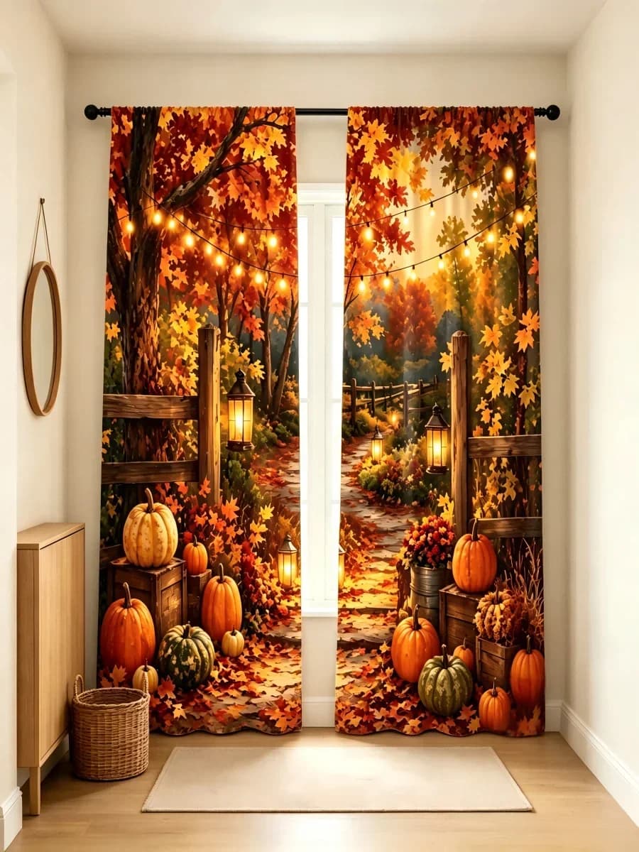 2PCS Digital Printed Curtain, Autumn Harvest Path with Pumpkins Maple Leaves and Lanterns, Thanksgiving Farmhouse Style Decor