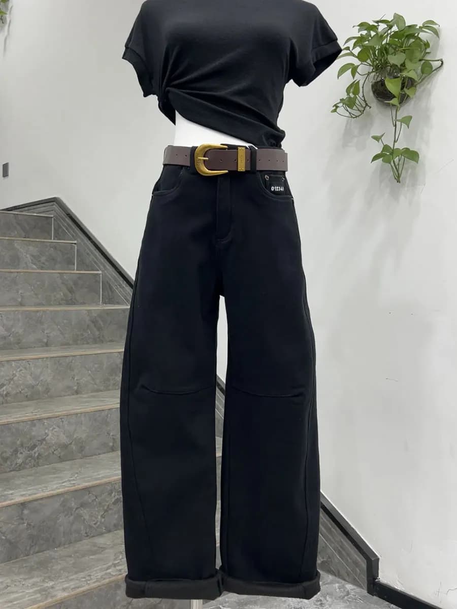 Thiened Fce Winter Jeans High Waist Straight Leg Pants Belt Loop Long 02cm plus Size Slimming Casual Pure Color