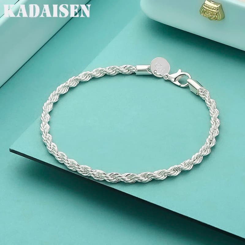 Bracciale in argento sterling 925 con ciondolo alla moda per uomo e donna, catena a corda intrecciata da 4 mm, gioielli raffinati, regalo per matrimoni, feste e Natale
