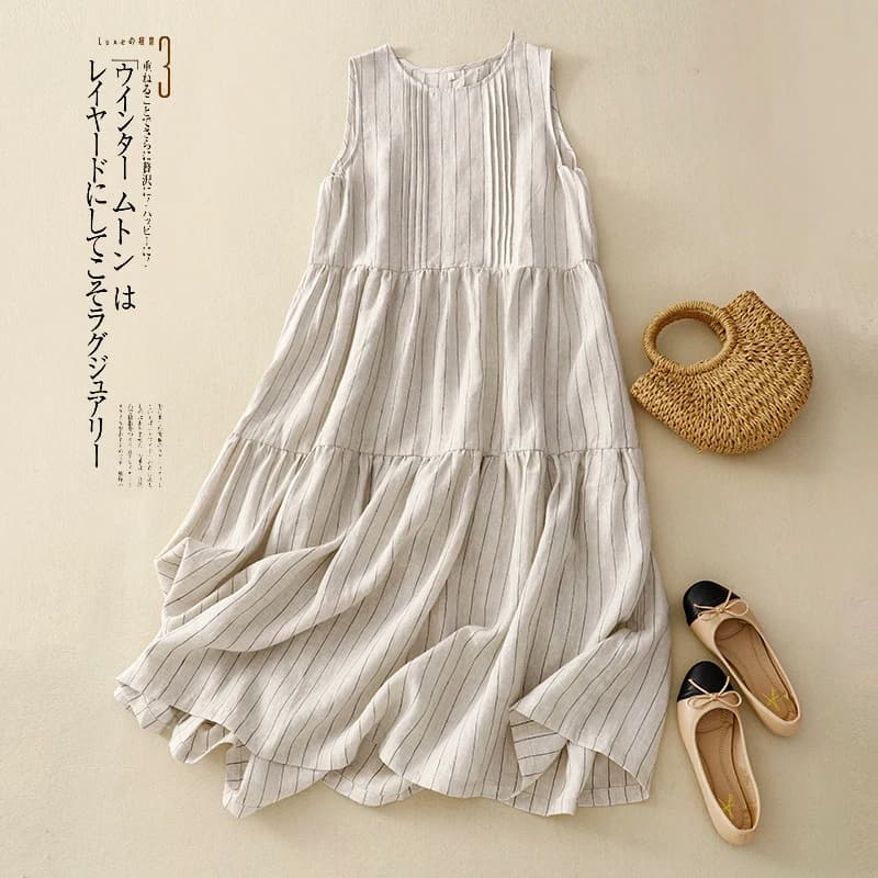 Summer Artistic Long Sleeveless A-Line Dress Women's Linen Gown Knee-Length Casual Elegant Vest Skirt for Thirties Women
