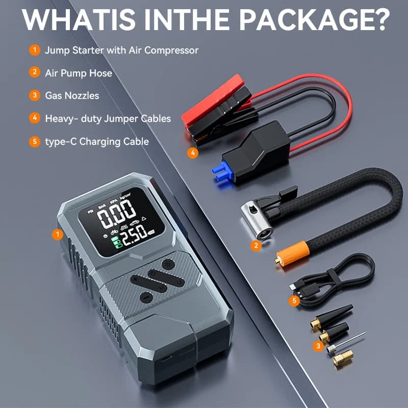 Avviatore di Emergenza Portatile per Moto e Auto, Power Bank, Caricabatterie 14.8V, Dispositivo di Avviamento per Auto a Benzina e Diesel, Pompa Gonfiabile d'Emergenza