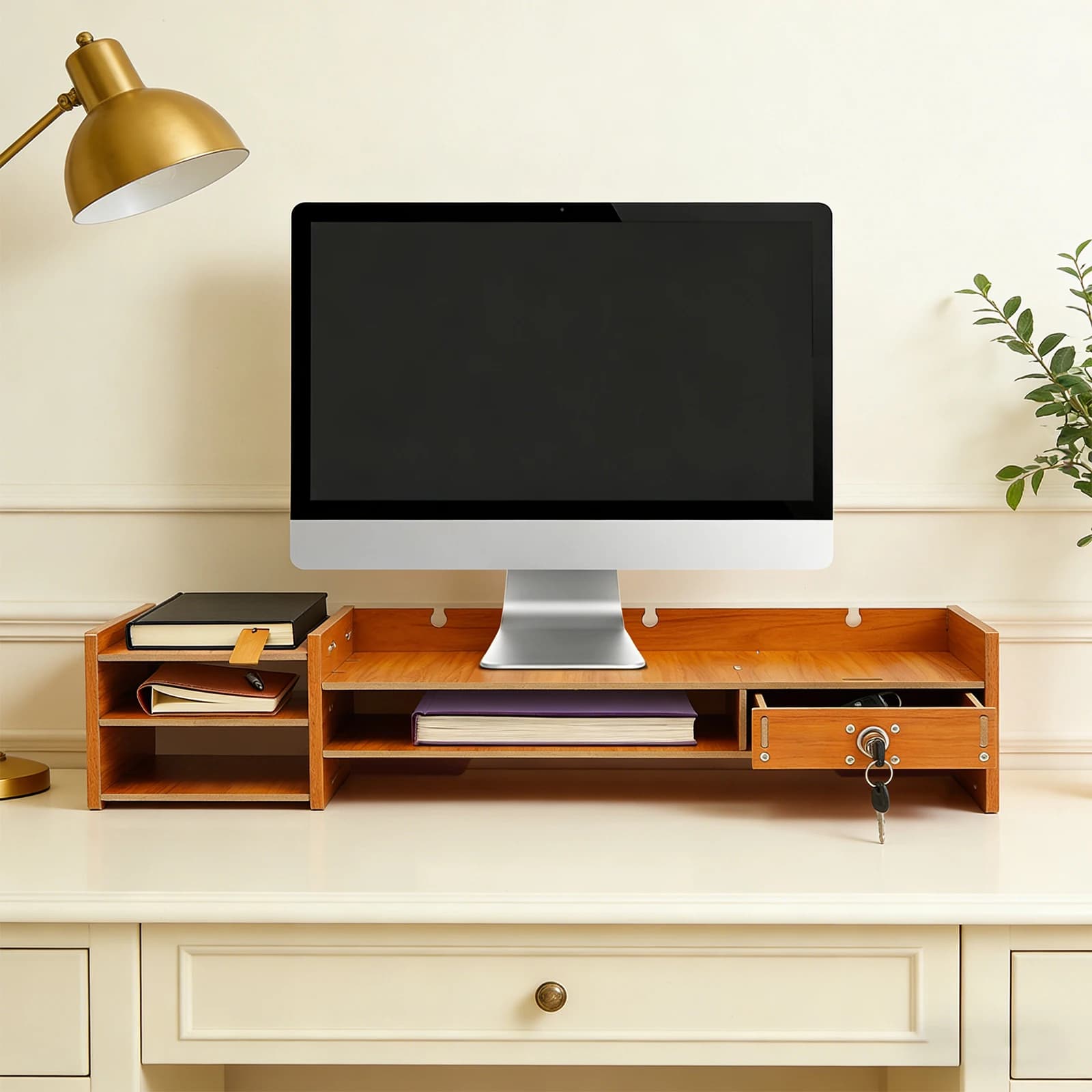 Supporto ergonomico per monitor per computer, portaoggetti con serratura, organizer da scrivania in legno con cassetto per l'home office