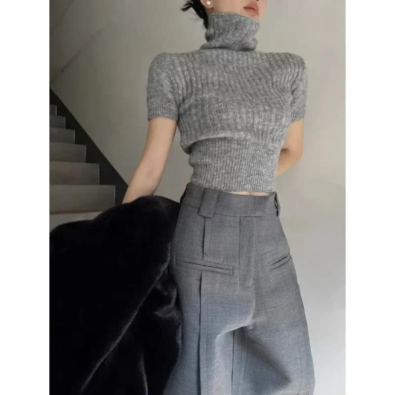 Grigio Ropa Mujer Pullover corto lavorato a maglia Donna Dolcevita Manica corta Tunica Maglione Pull Femme Moda Casual Y2k Maglione Top