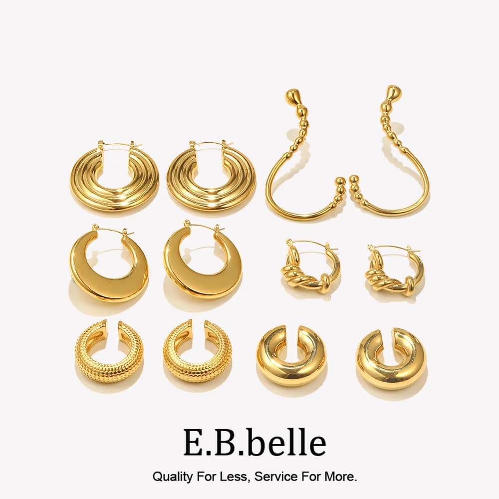 E.B.belle Large Size Textured Smooth Casting Hollow Hoop Earrings Ear Clip Gold Plated Stainless Steel Party Ear Jewelry