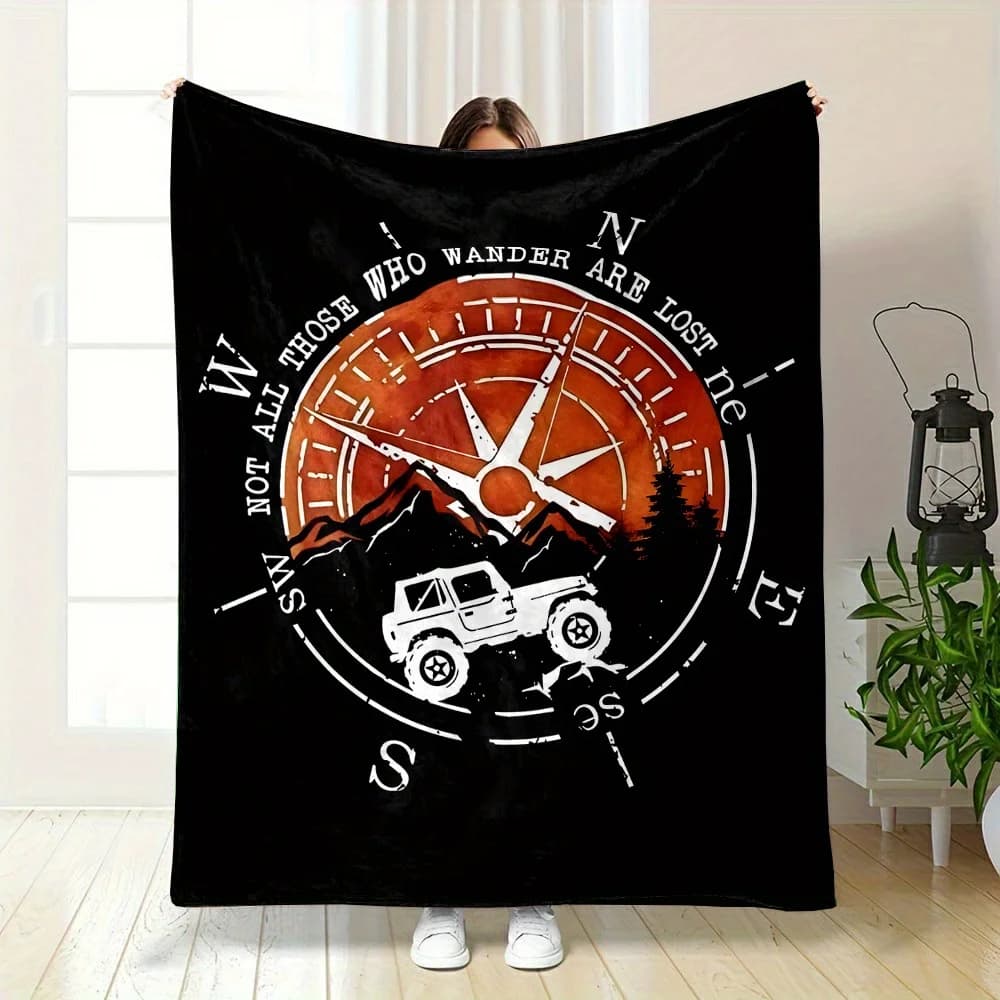 Coperta da tiro in flanella con design fuoristrada Compass Adventure - 100% poliestere, non tessuto, leggera, stampata digitale per tutte le stagioni