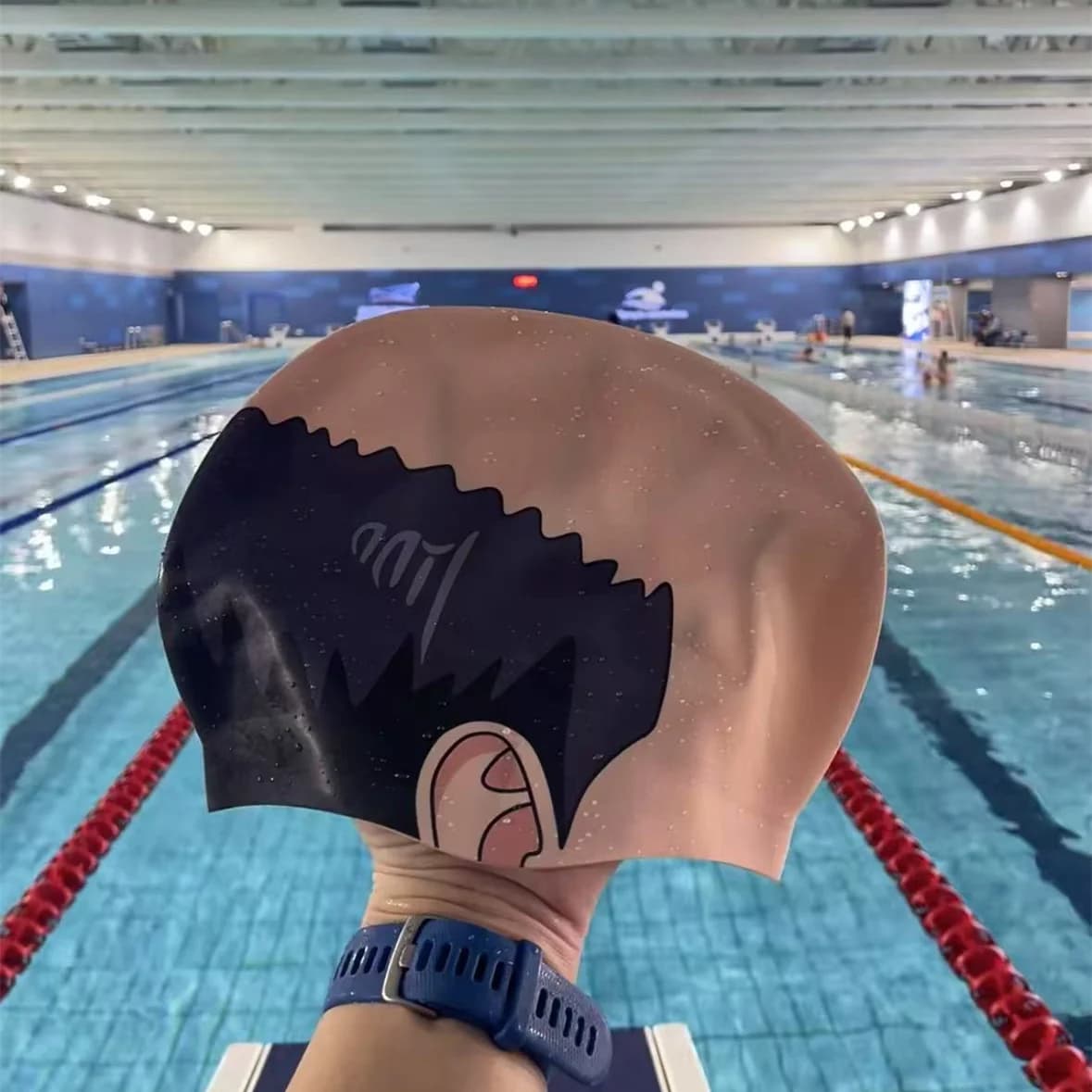 Funny swim cap with bald head - Silicone swim cap with Mediterranean print for cosplay and swimming pools (unisex, waterproof, non-slip)