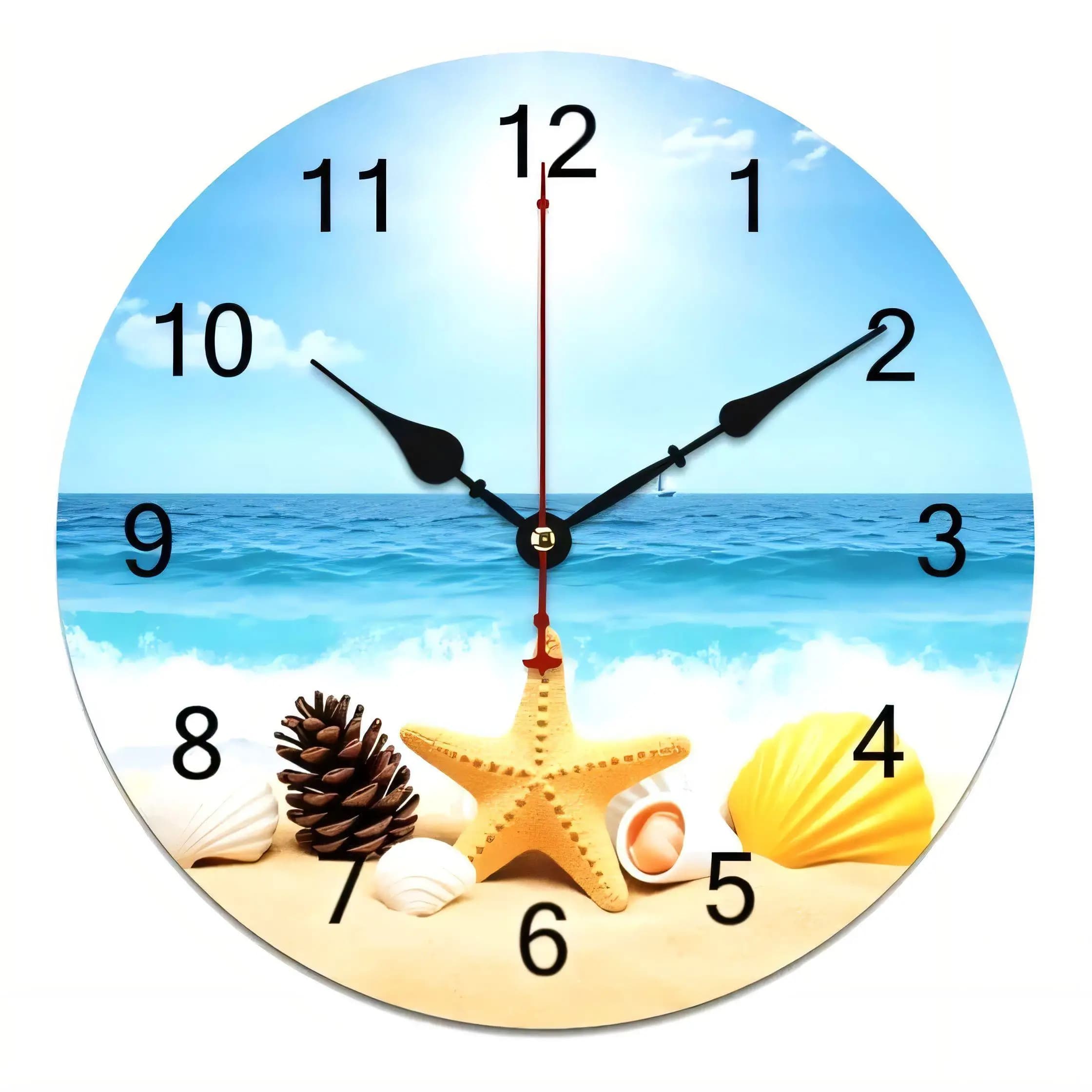 Round Wall Clock Beach Scene Silent Non Ticking Battery Operated Coastal Decor with Starfish Shells Blue Sky Ocean