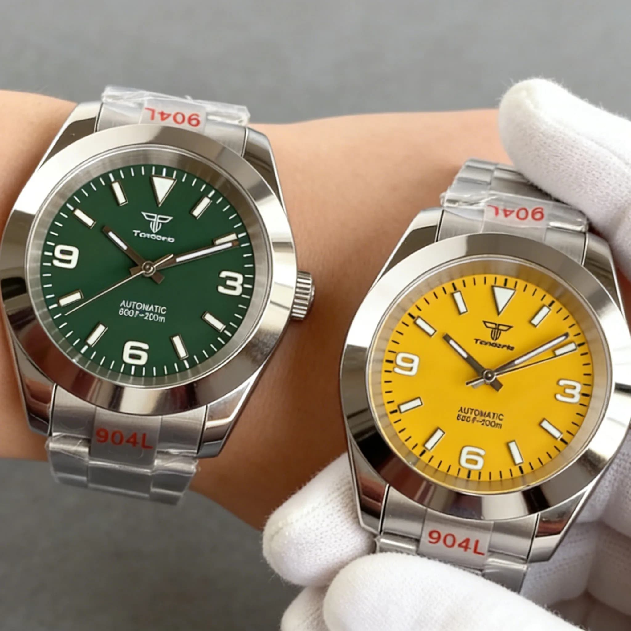 Orologio da Uomo Tandorio con Lunetta Liscia 36/39mm, Quadrante Verde Giallo, Vetro Zaffiro, 20BAR, Movimento Automatico NH35A Asia2824, Luminoso Verde