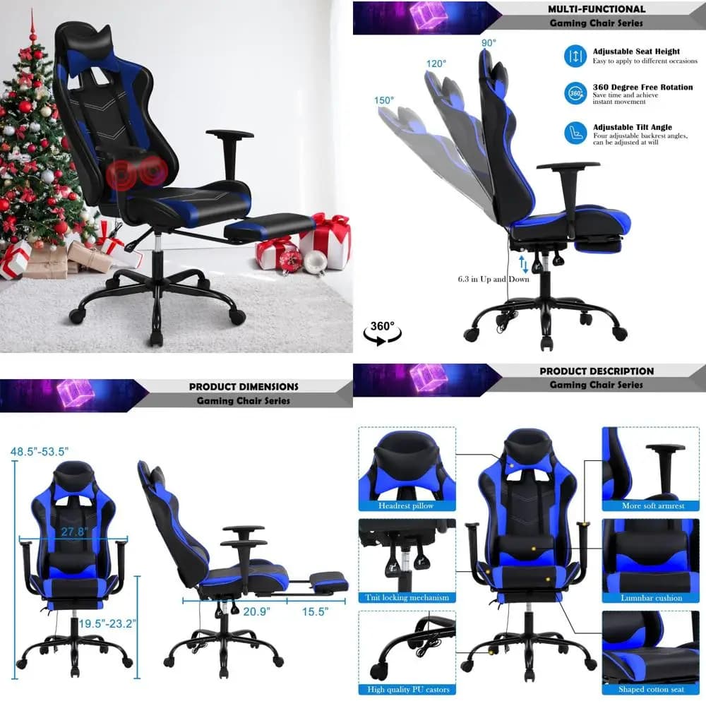 Sedia da gioco per massaggio blu con poggiapiedi, sedie da gioco in pelle PU per adulti, sedia da ufficio con schienale alto Sedia da scrivania ergonomica Comput
