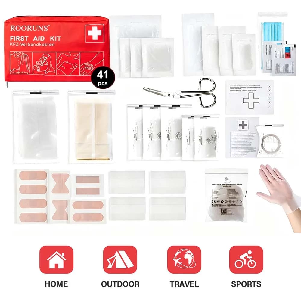 Travel Essentials First Aid Kit 41pcs Red Car Emergency Kits Portable Medical Bag for Home Camping Hiking Riding Office Truck