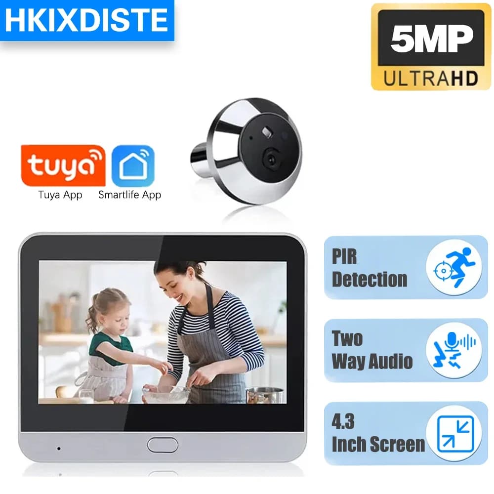 Monitor per Bambini con Schermo da 4,3 Pollici, Telecamera Digitale WiFi 5MP con App Tuya SmartLife, Spioncino Elettronico per Porta, Visione Notturna, Videocamera di Sicurezza Domestica