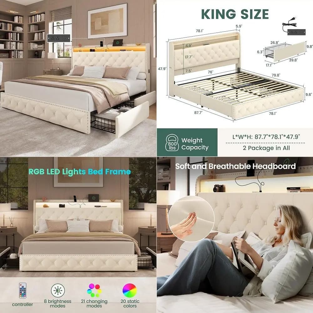 Struttura letto king size con testiera imbottita in tessuto di lino e supporto a doghe in legno, base per materasso resistente, N
