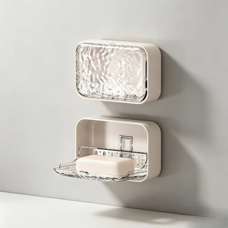 Wall Mount Soap Dish No Drill Layer Soap Holder with Lid Drainable Waterproof Bathroom Soap Storage Organizer