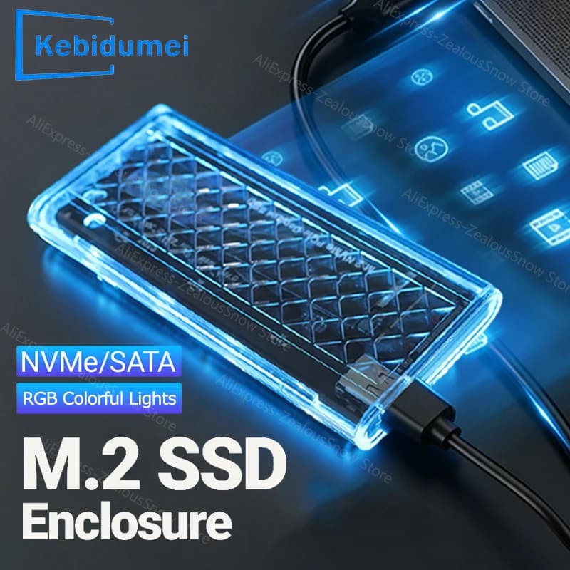 KEBIDUMEI Case per SSD M.2 SATA NVMe RGB Trasparente 5/10Gbps, Box per Disco Rigido USB3.2 Gan2 per SSD M.2 NVMe NGFF, Adattatore Esterno