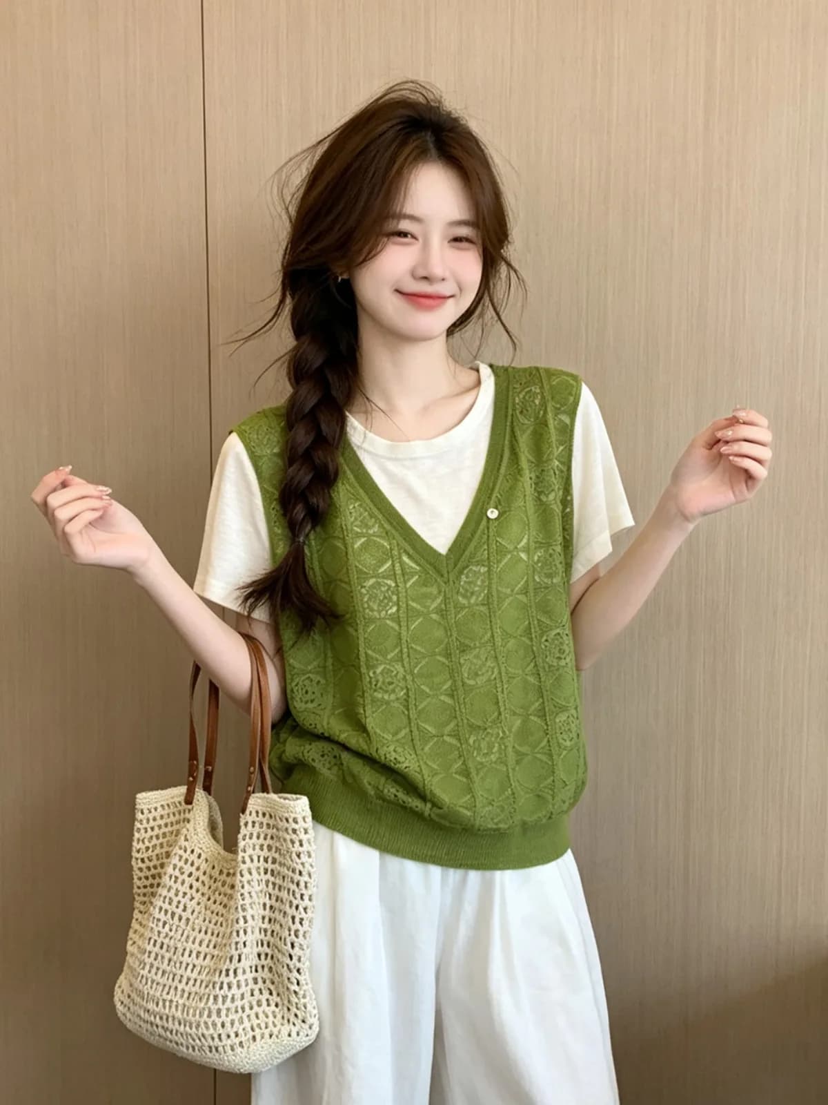 Green Hollow out Vest Fake Two-Piece Knitted Top Women's Summer New Style Popular Short Sleeve T-Shirt Versatile Women's Fashion