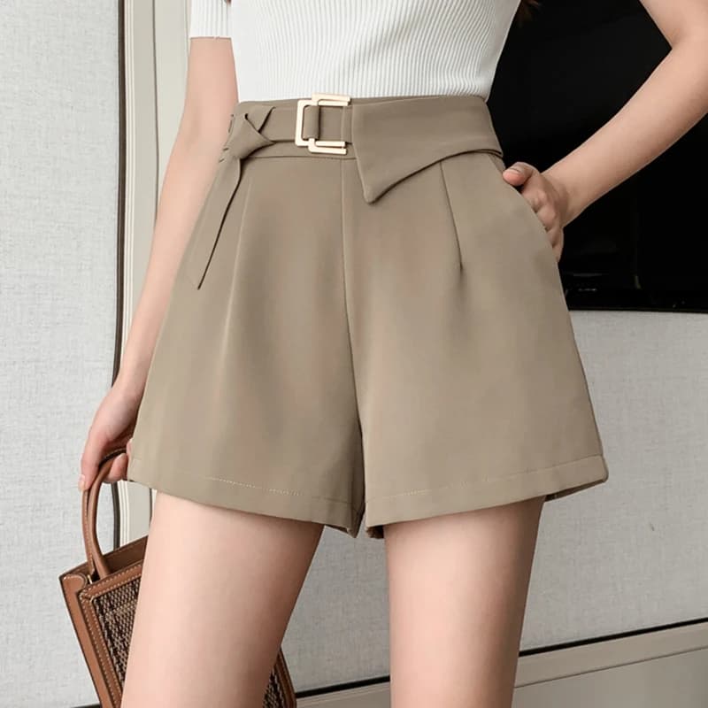 Pantaloncini Estivi Casual da Donna Color Kaki con Bottoni Metallici, Vita Alta, Stile Workwear, Gamba Larga
