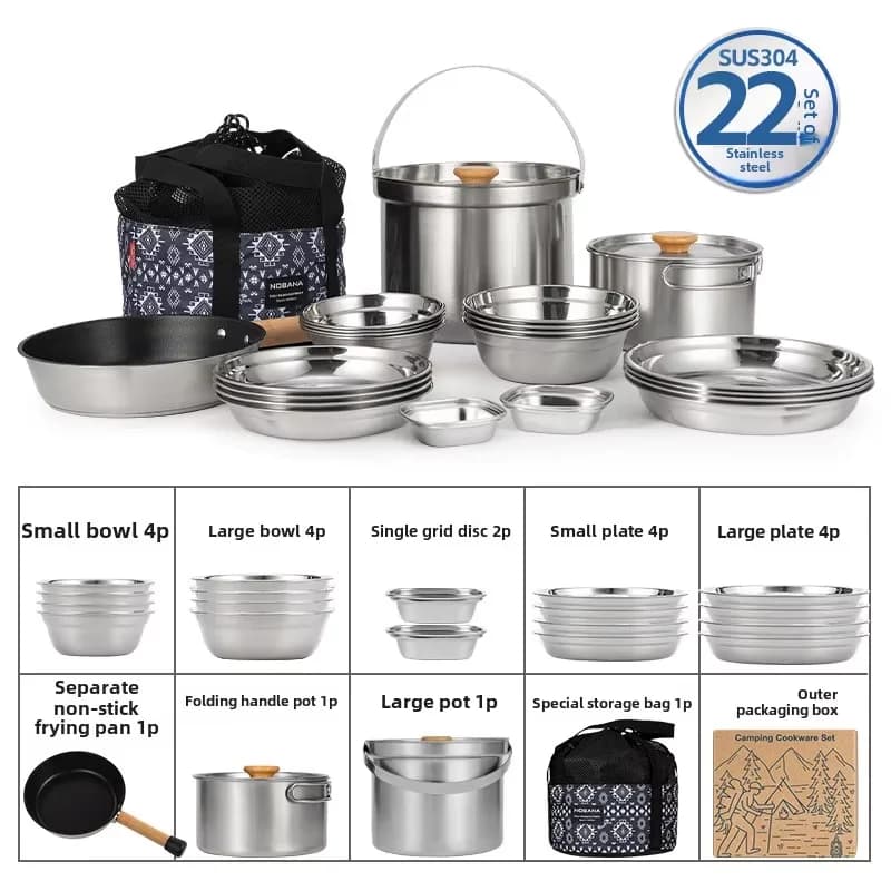 NOBANA Il più nuovo set di pentole in acciaio inossidabile per esterni Set di pentole per famiglie da campeggio 5L Pentola per zuppa da picnic portatile Frittura a vapore Pentola per uso domestico