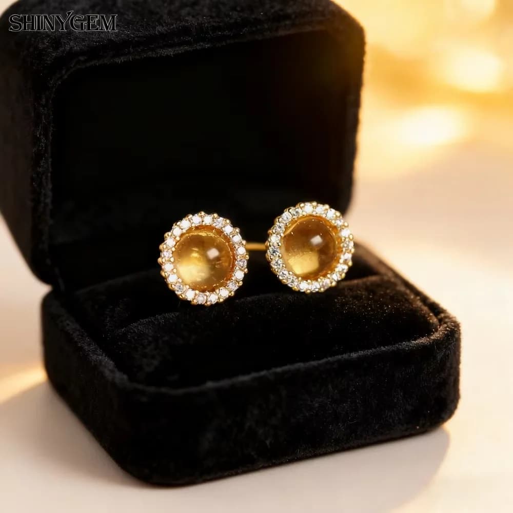 SHINYGEM 8mm placcato oro cristallo naturale acquamarina argento 925 con pietra preziosa rotonda con zircone donna quarzo rosa orecchino citrino