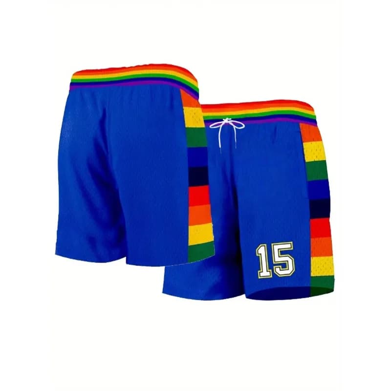 Pantaloncini da basket blu da uomo # 15, dal design classico ed elegante, realizzato in tessuto traspirante, adatto per abbigliamento sportivo casual