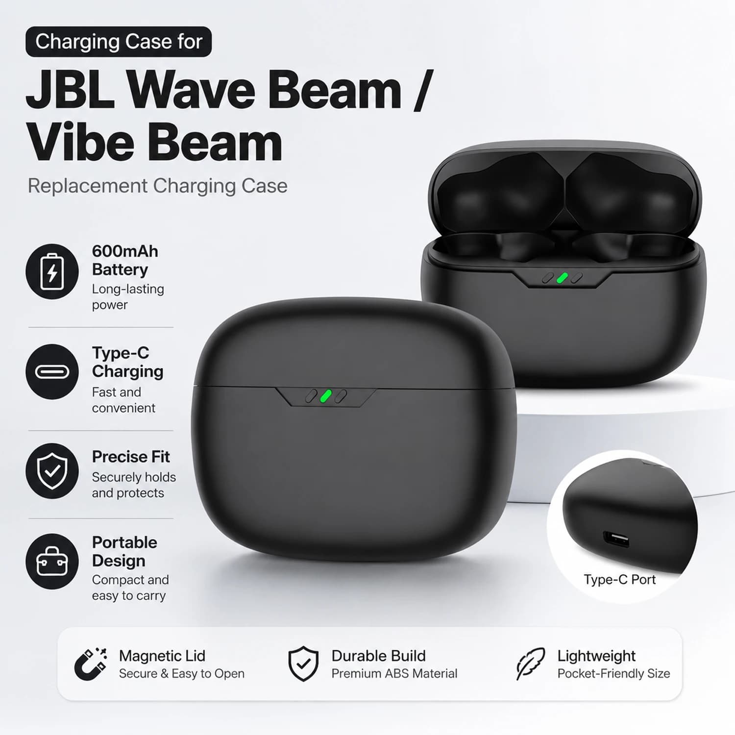 Custodia di ricambio per la ricarica degli auricolari JBL Wave Beam/Vibe, in ABS, con USB-C e indicatore LED