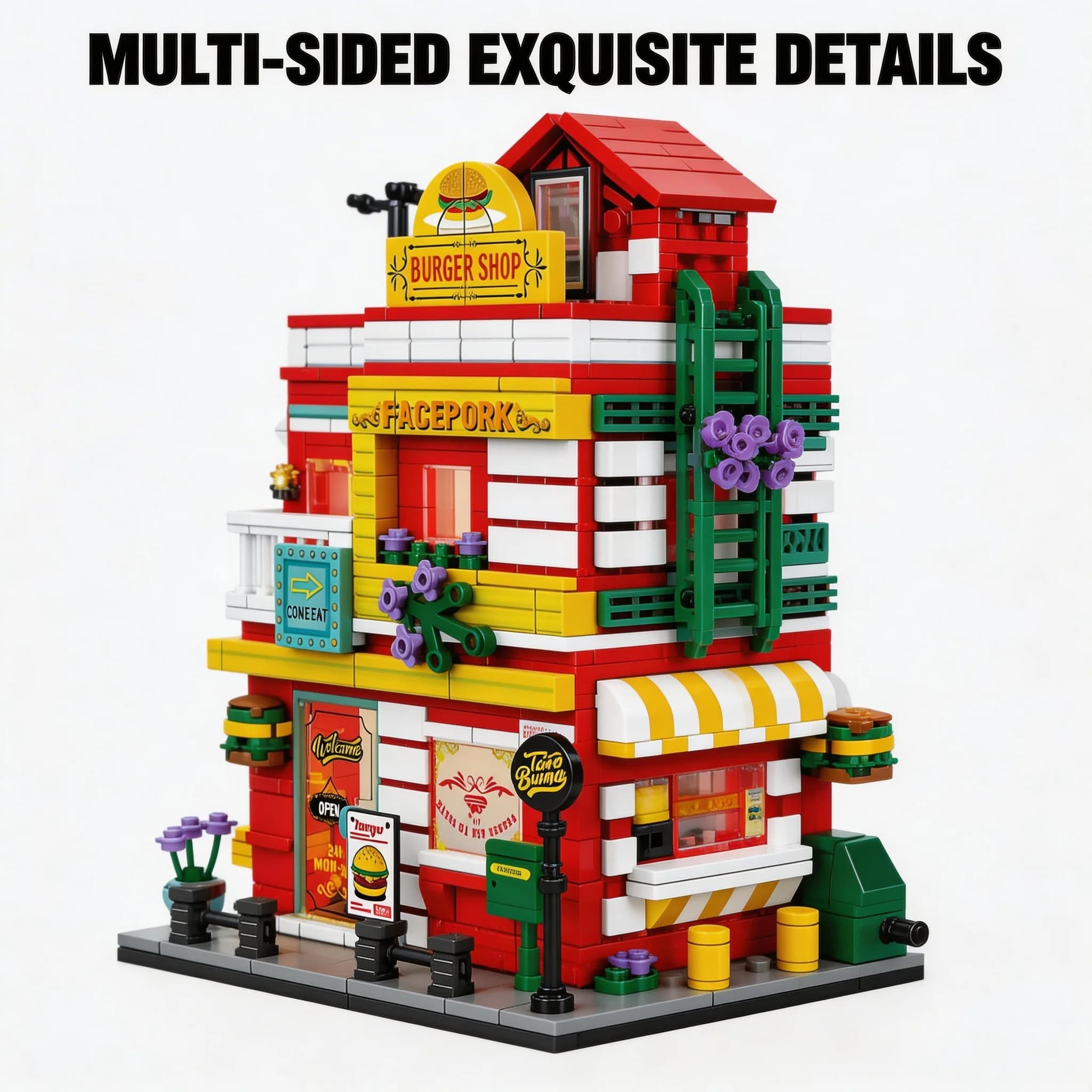 City Street View Burger Shop Modular Building Blocks, MOC Architecture Bricks Set, DIY Town Life Model Toys per bambini e adulti