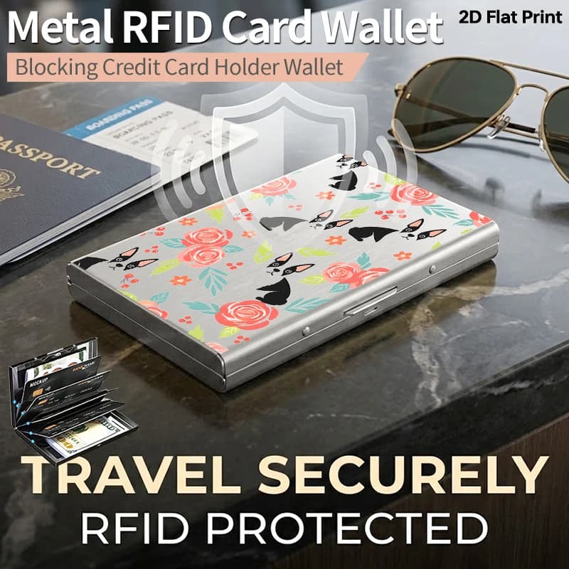 Portacarte in metallo Boston Terrier con motivo floreale rosa, blocco RFID, custodia sottile per carte di credito, apertura laterale, portafoglio in alluminio antifurto, carino