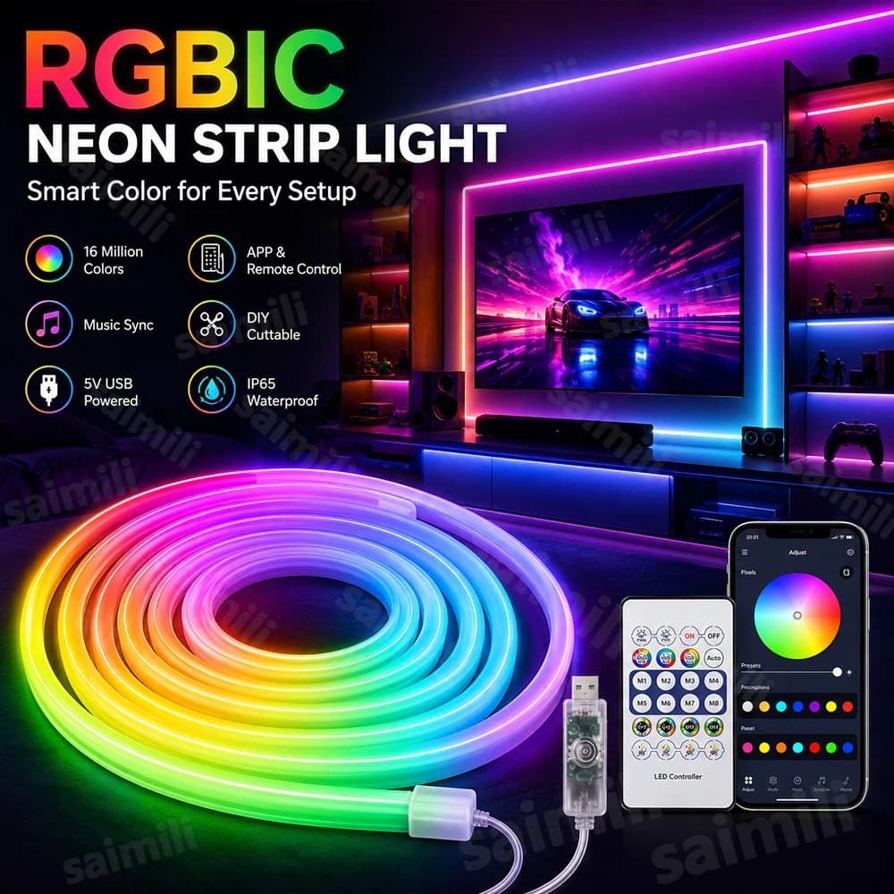 RGBIC Flexible Neon Strip Light Music Sync Dynamic Lighting Effect Cuttable USB LED Neon Rope Lamp For Home Party DIY Decoration