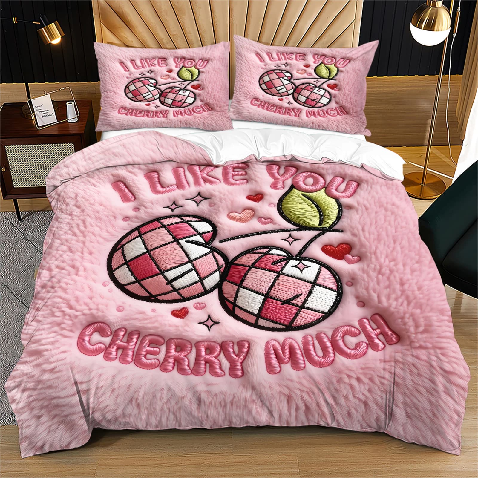 Sweet Plaid Cherry Love Heart Duvet Cover Bedding Set ink Texture Cartoon Bed Set Lovely Gift For Teen Girls