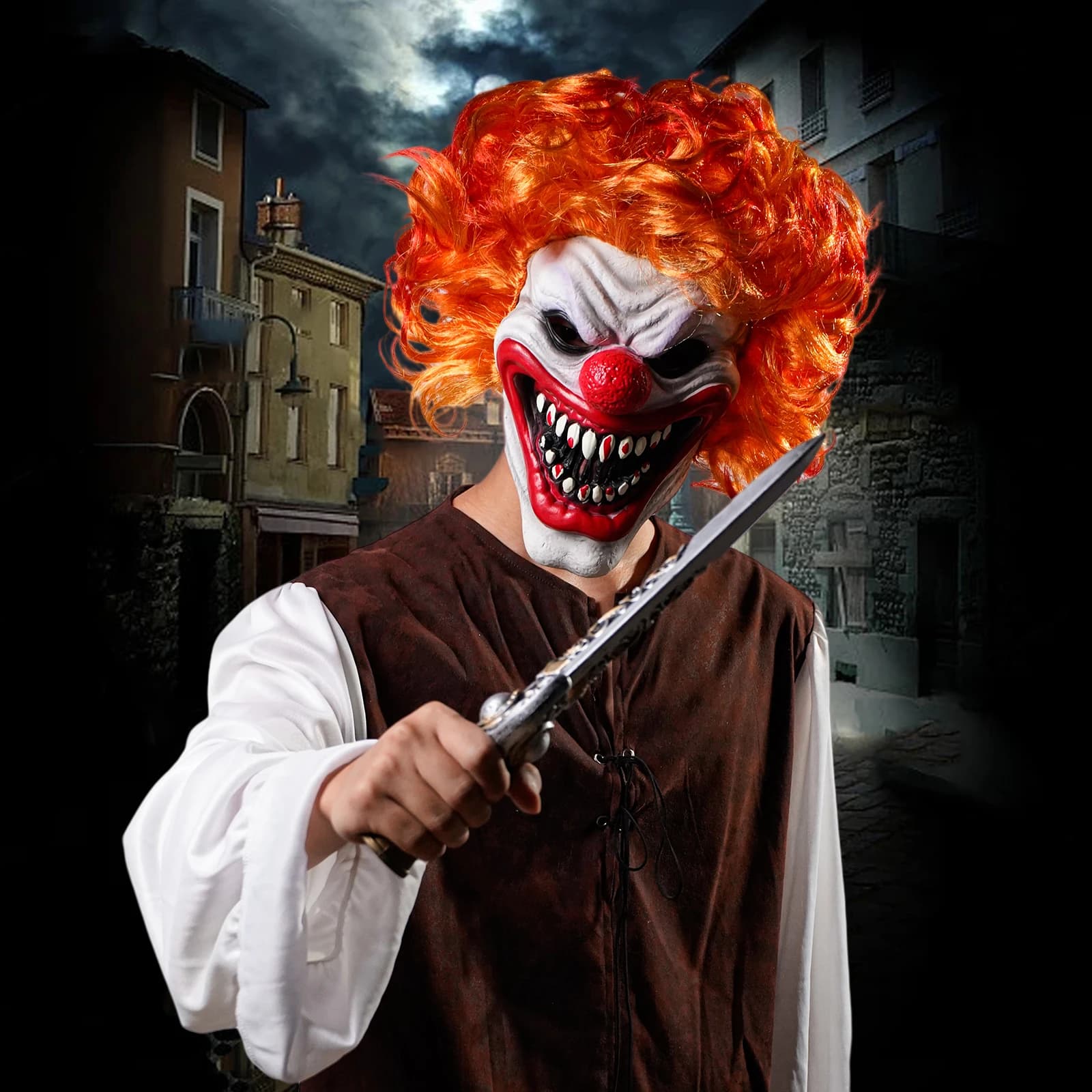 Maschera Clown Spaventoso con Naso Rosso per Halloween, Feste a Tema, Cosplay, Mascherata, Carnevale, Terror