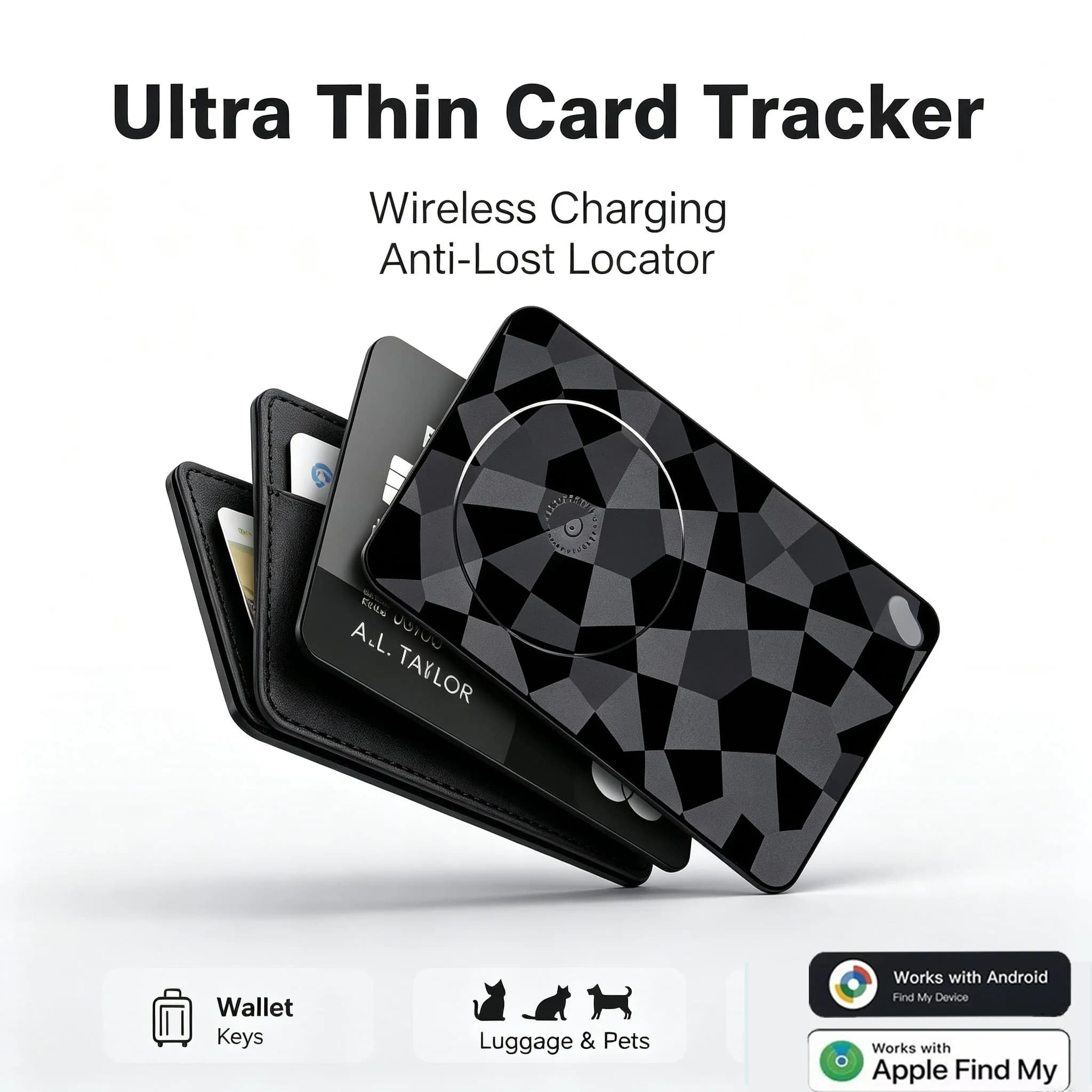Slim Wireless Charging Smart Tracker Card GPS Locator Wallet Keys Luggage Pets Cat Dog Anti-Lost Finder Compatible iOS Android