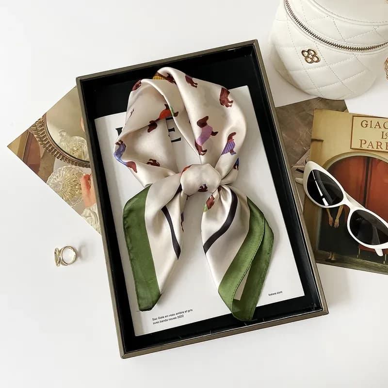 2026 Retro Cartoon Puppy Silk Scarf 70 × 70 Chiffon Square Scarf for Women Headband Decorative Small Scarf
