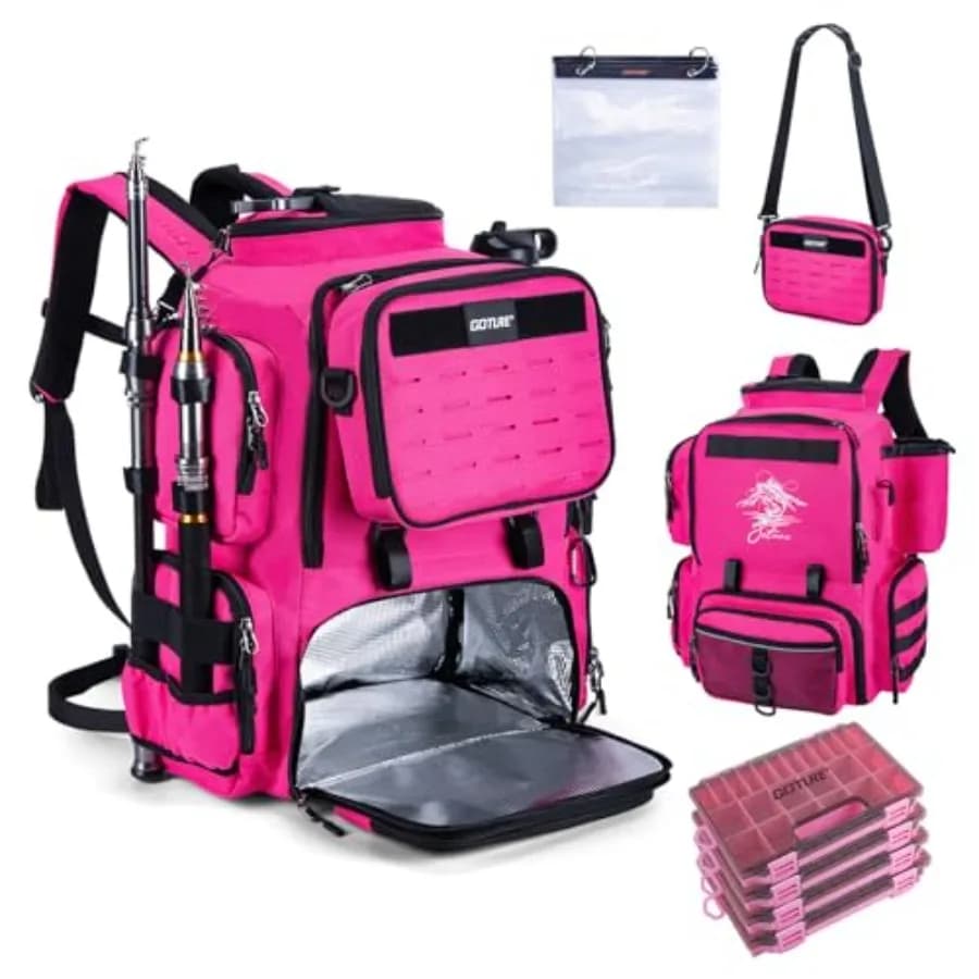 Zaino da Pesca con 4 Scatole Porta Attrezzatura, Zaino Impermeabile 58L 900D con Scomparto Termico, Portacanne, 8 Tasche per Esche, Staccabile
