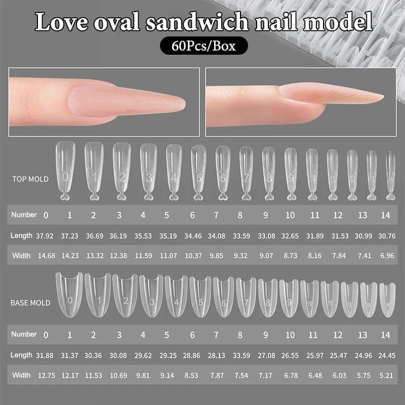 60 Pezzi/Scatola Dual Form per Unghie a Sandwich, 15 Misure, Estensioni Rapide, Forme a T ed Ellittiche, Stampo Superiore e Inferiore per Manicure e Nail Art 3D