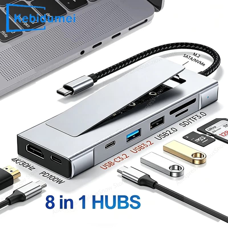 KEBIDUMEI Hub SSD M.2 SATA NVME 8-in-1, Docking Station USB C, Splitter Type C a 4K60Hz USB3.2, Lettore SD/TF per Laptop