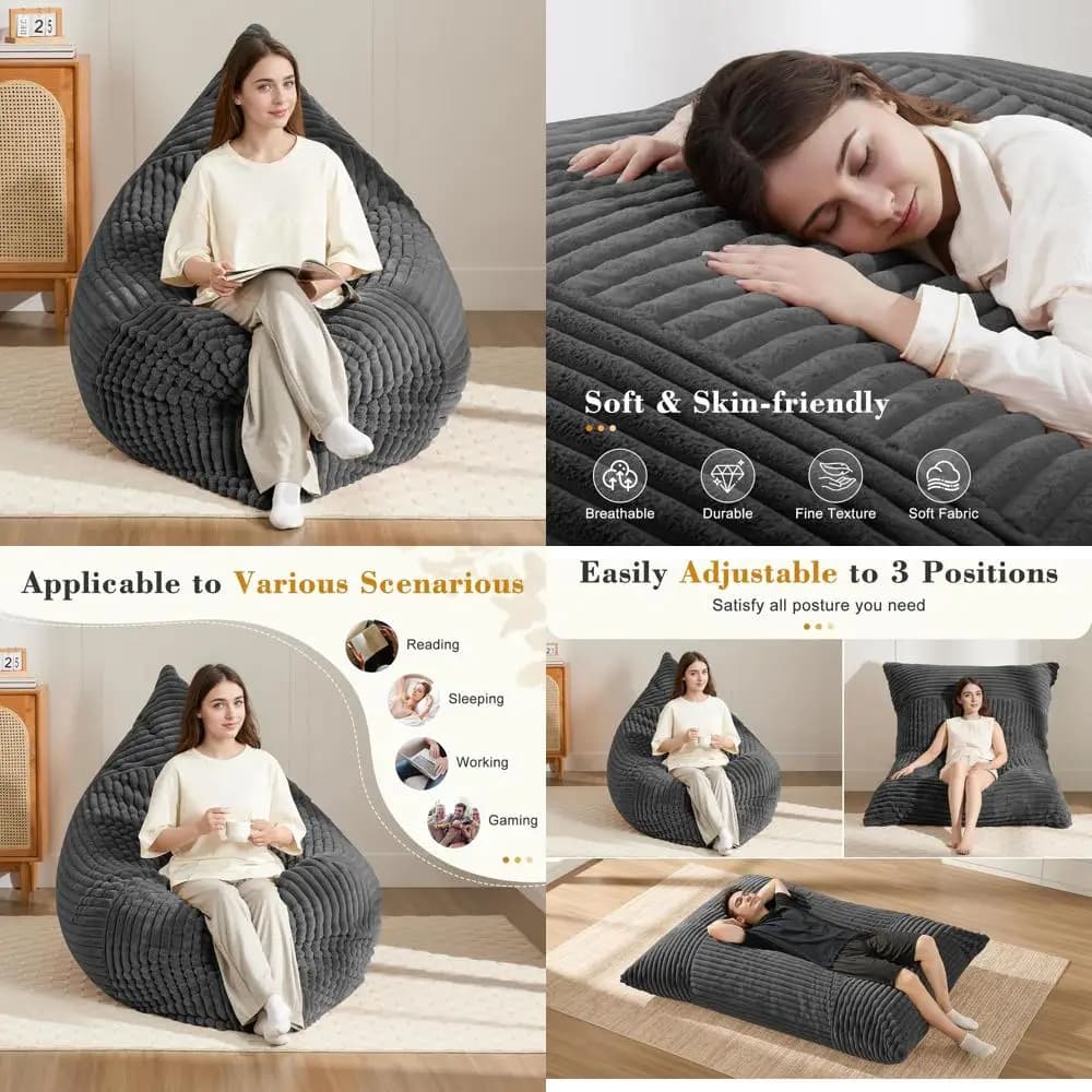 3-in-1 Sacco armchair in Memory Foam for Adults and Children: Sofa Convertible to Mattress, Black Grey Washable Cover, Multipurpose Lounge Chair