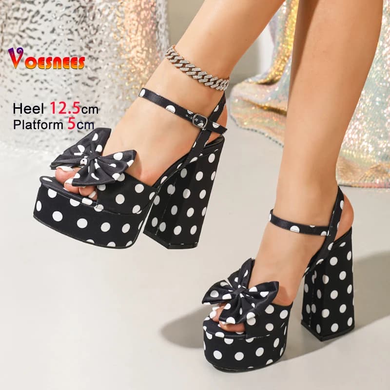 Comfort Sandals with round toe with thick sole Summer 11.5 cm High heels Woman Silk satin Bowknot Europe and America Sexy polka dots