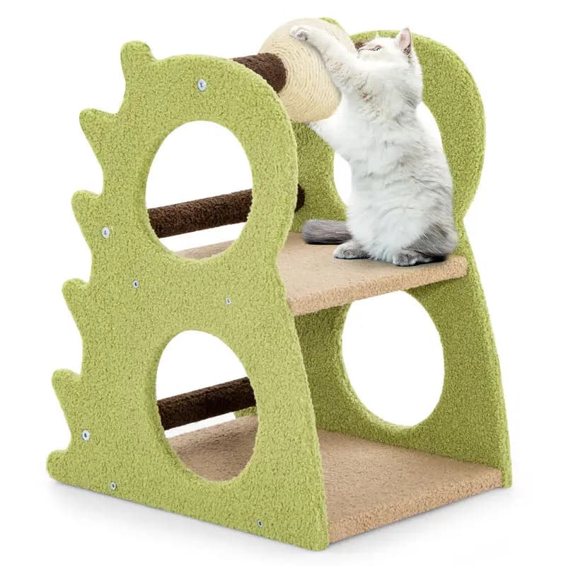 2-Tier Modern Cat Tree for Indoor Cats with Rotatable Sisal Scratching Ball-Green