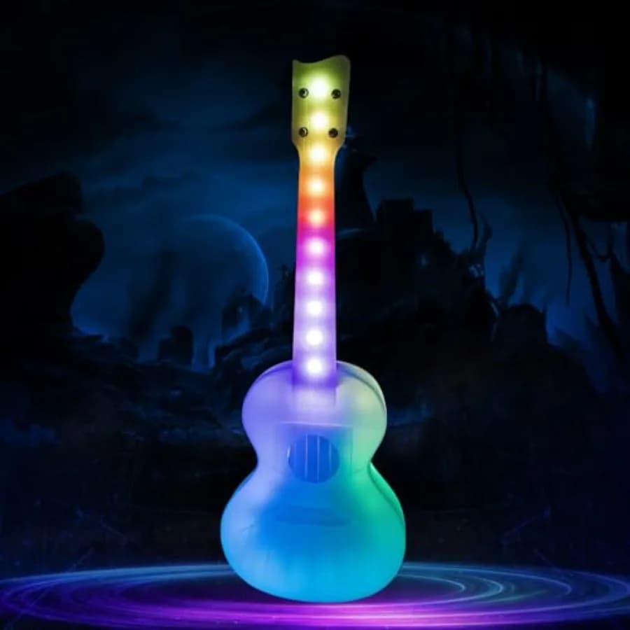 23 LED Concert Ukulele for night performances polymer carbon fiber strings, black/white, ultra-lightweight 1.4 lbs,bright color