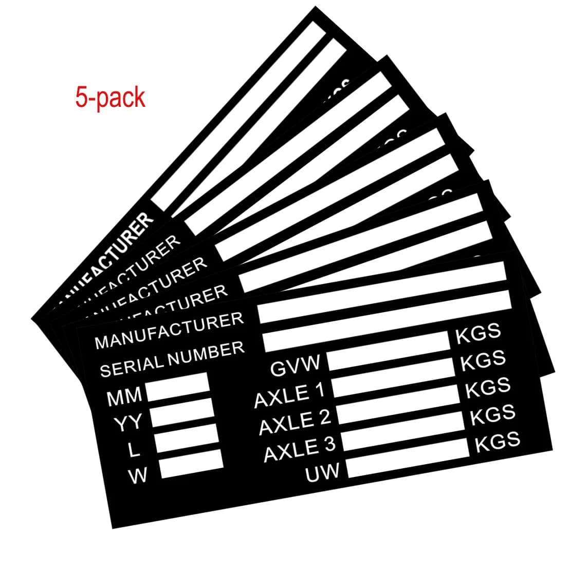 Set of 5 blank identification plates for VIN and axle weight, for vehicles, trucks, boats and trailers, 140mm x 70mm